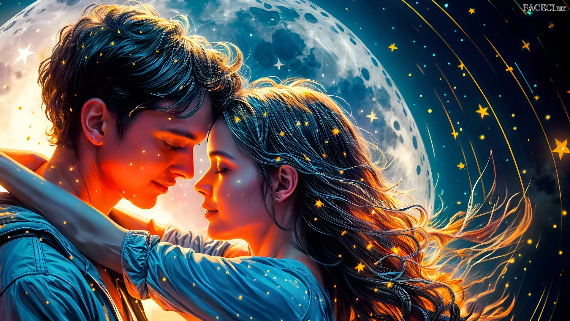 Gwiazdy, Zakochani, Mężczyzna, Kobieta, Księżyc, Grafika