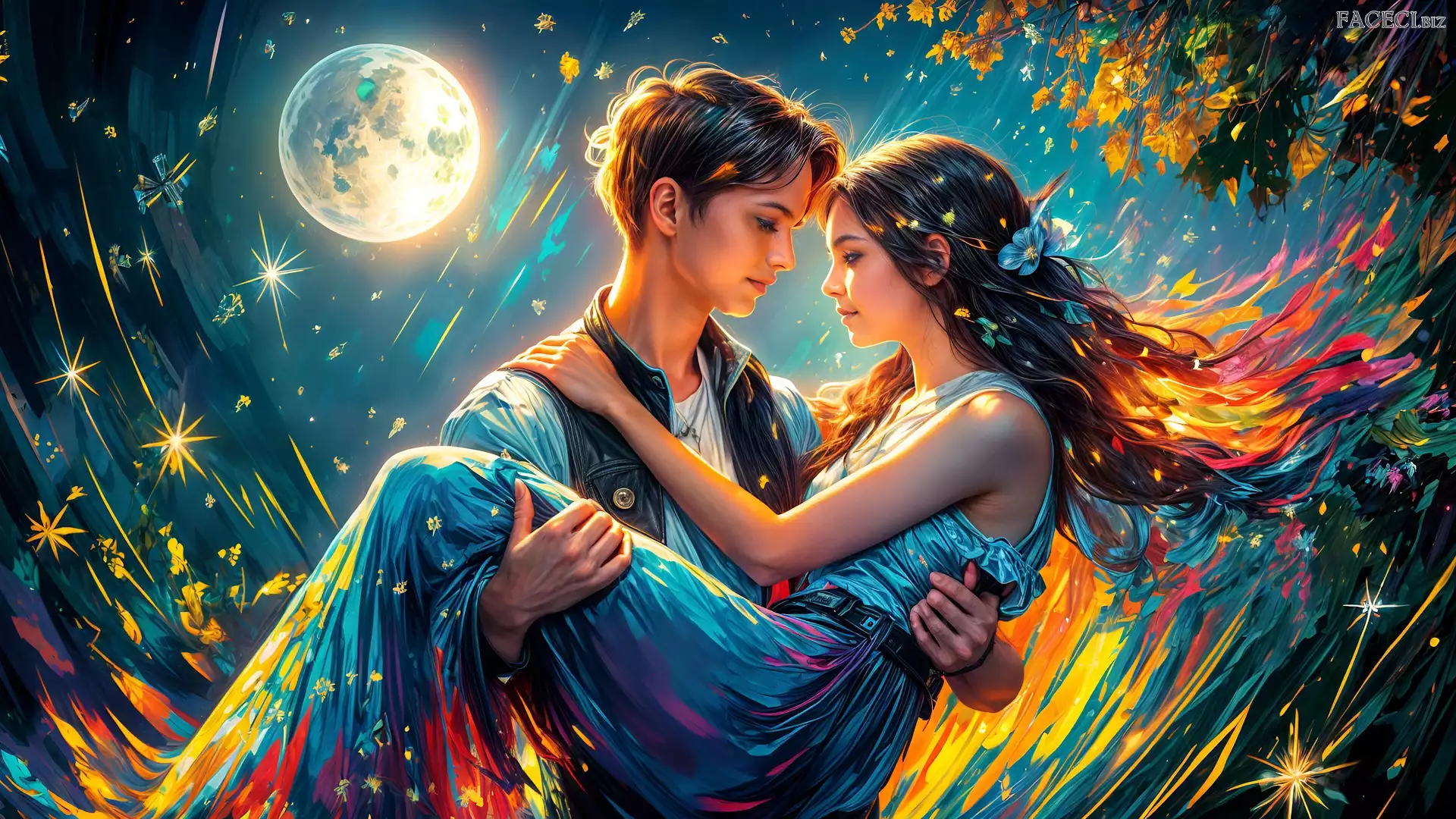 Dziewczyna, Chłopak, Grafika, Księżyc