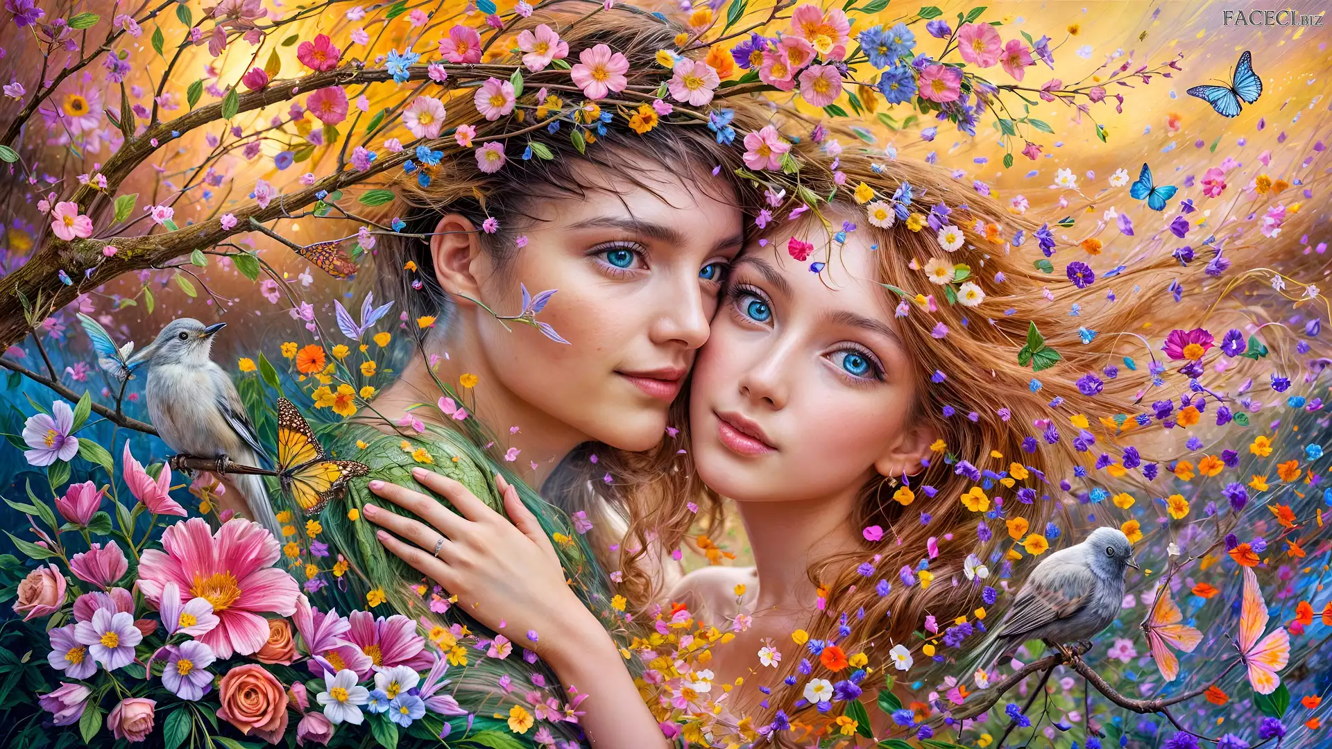 Ptaki, Kwiaty, Motyle, Dziewczyna, 2D, Chłopak, Miłość, Para